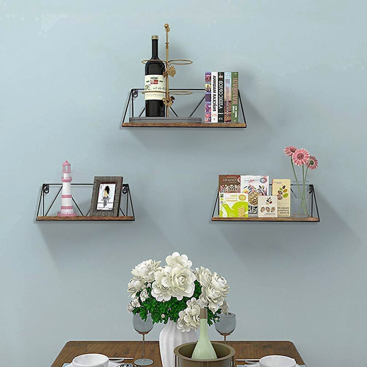 Williston 3 Piece Floating Shelf Set with Metal Wire Wall Shelf